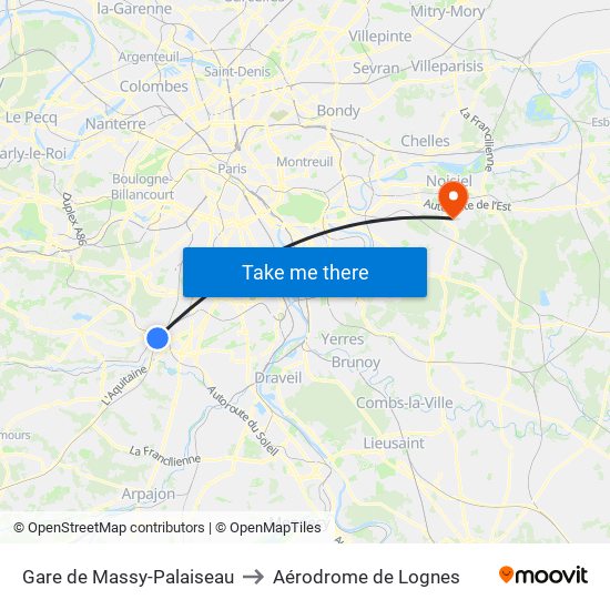 Gare de Massy-Palaiseau to Aérodrome de Lognes map