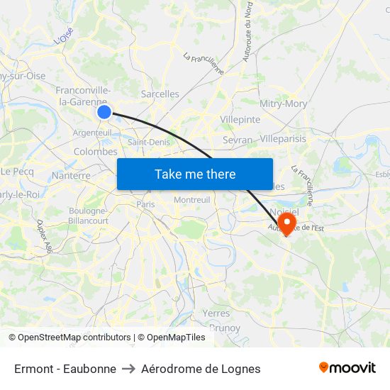 Ermont - Eaubonne to Aérodrome de Lognes map