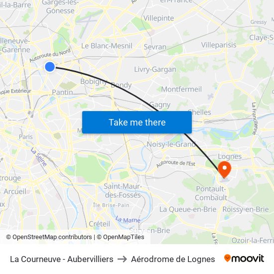 La Courneuve - Aubervilliers to Aérodrome de Lognes map