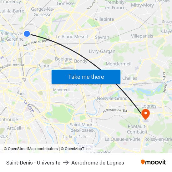 Saint-Denis - Université to Aérodrome de Lognes map
