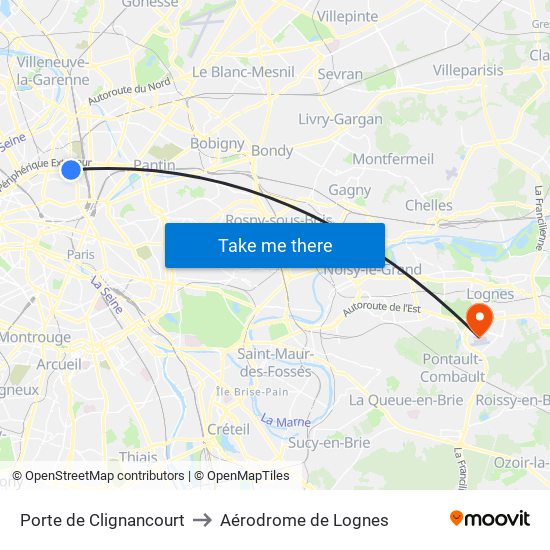 Porte de Clignancourt to Aérodrome de Lognes map