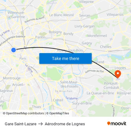 Gare Saint-Lazare to Aérodrome de Lognes map