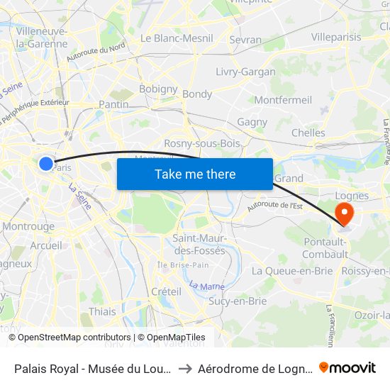 Palais Royal - Musée du Louvre to Aérodrome de Lognes map
