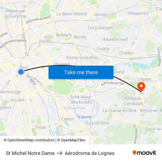 St Michel Notre Dame to Aérodrome de Lognes map