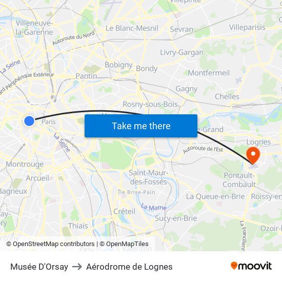 Musée D'Orsay to Aérodrome de Lognes map