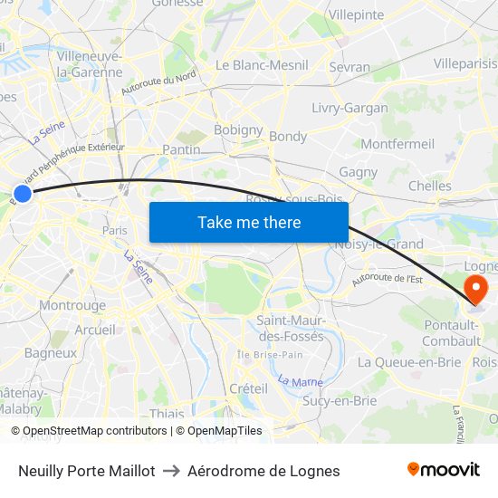 Neuilly Porte Maillot to Aérodrome de Lognes map