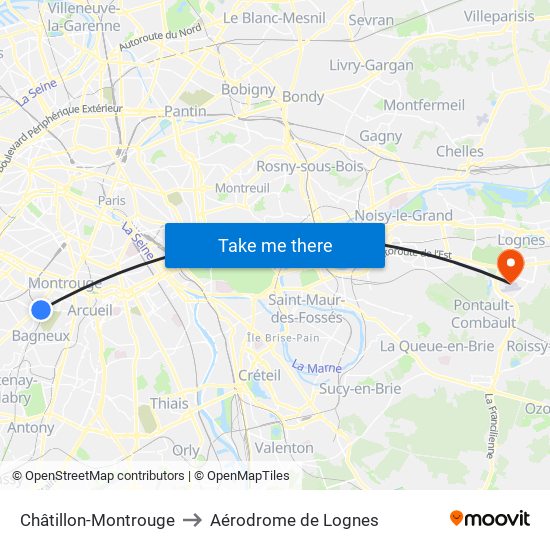 Châtillon-Montrouge to Aérodrome de Lognes map