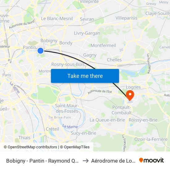 Bobigny - Pantin - Raymond Queneau to Aérodrome de Lognes map