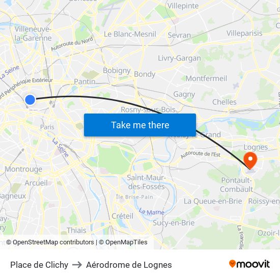 Place de Clichy to Aérodrome de Lognes map