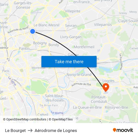 Le Bourget to Aérodrome de Lognes map