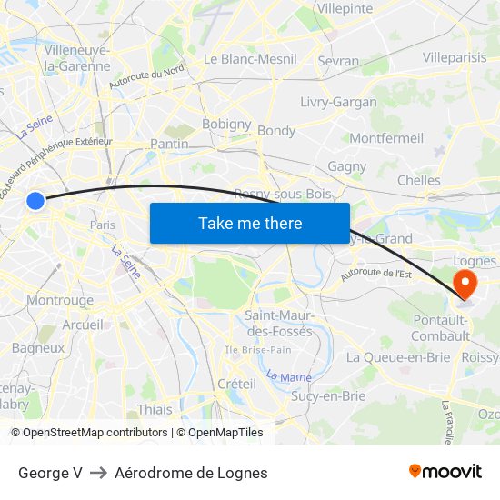George V to Aérodrome de Lognes map