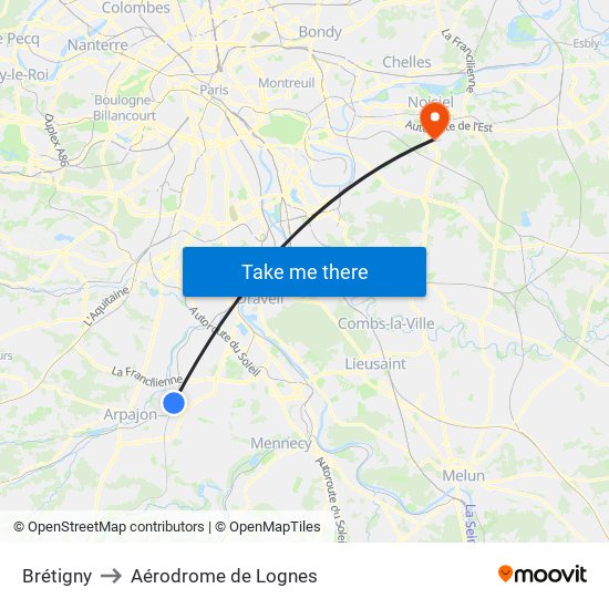 Brétigny to Aérodrome de Lognes map