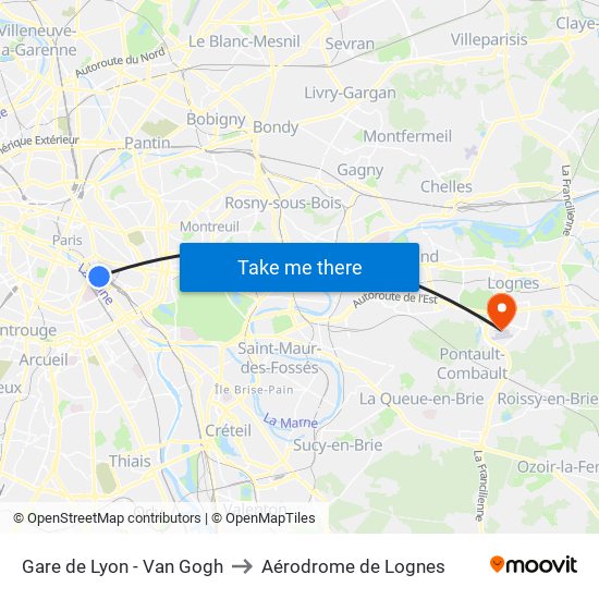 Gare de Lyon - Van Gogh to Aérodrome de Lognes map