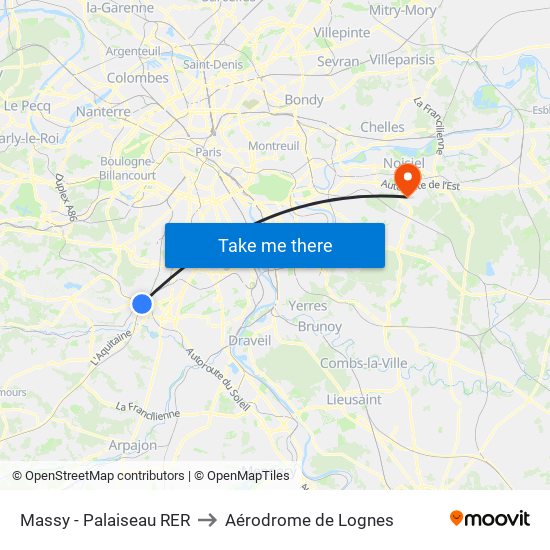 Massy - Palaiseau RER to Aérodrome de Lognes map