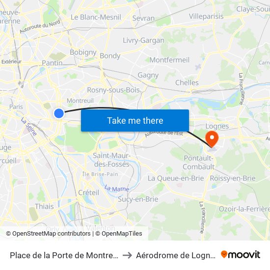 Place de la Porte de Montreuil to Aérodrome de Lognes map