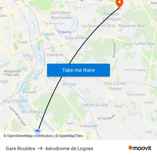 Gare Routière to Aérodrome de Lognes map