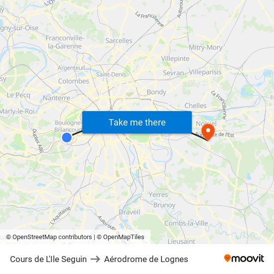 Cours de L'Ile Seguin to Aérodrome de Lognes map