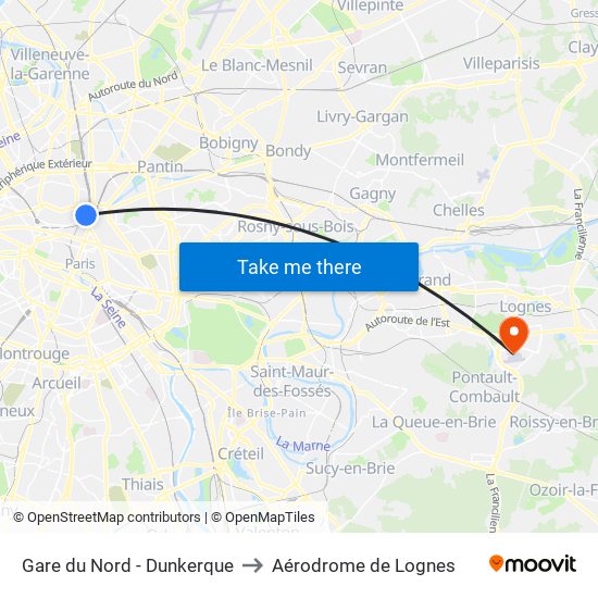 Gare du Nord - Dunkerque to Aérodrome de Lognes map