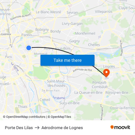 Porte Des Lilas to Aérodrome de Lognes map