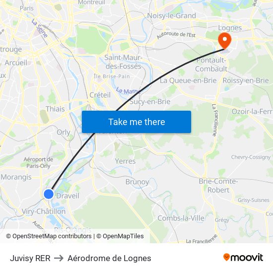 Juvisy RER to Aérodrome de Lognes map