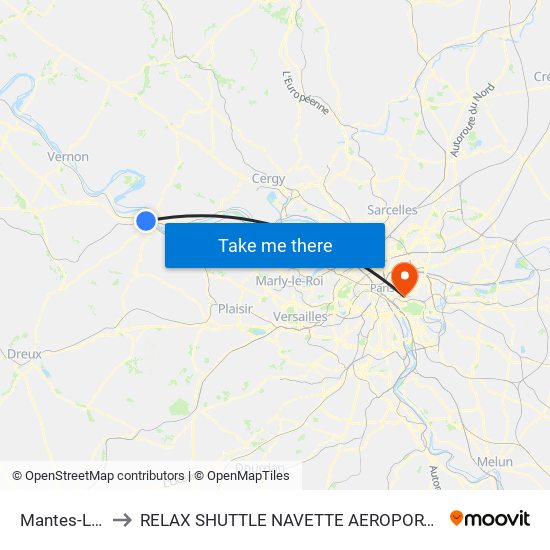 Mantes-La-Jolie to RELAX SHUTTLE NAVETTE AEROPORT TAXI TRANSFERT map