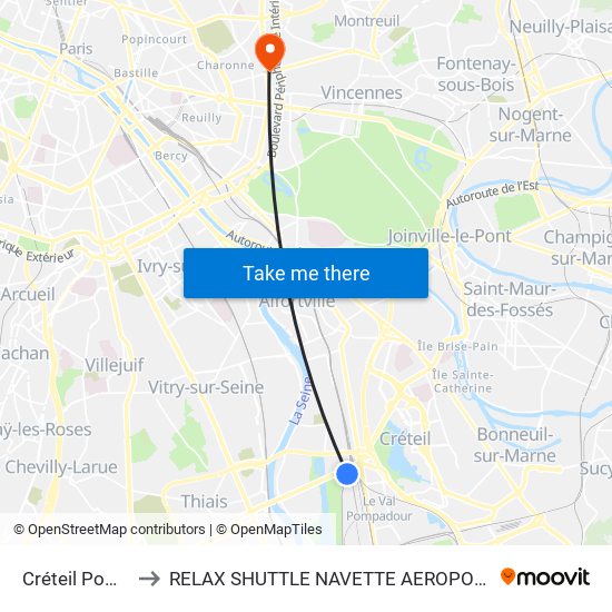 Créteil Pompadour to RELAX SHUTTLE NAVETTE AEROPORT TAXI TRANSFERT map