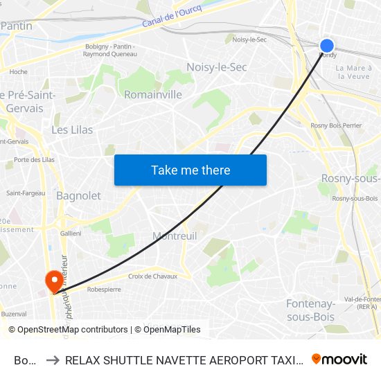 Bondy to RELAX SHUTTLE NAVETTE AEROPORT TAXI TRANSFERT map