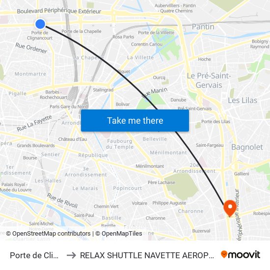 Porte de Clignancourt to RELAX SHUTTLE NAVETTE AEROPORT TAXI TRANSFERT map