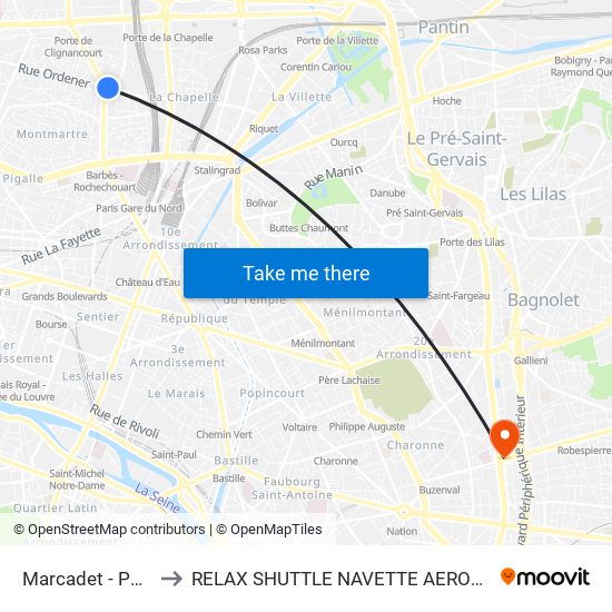 Marcadet - Poissonniers to RELAX SHUTTLE NAVETTE AEROPORT TAXI TRANSFERT map