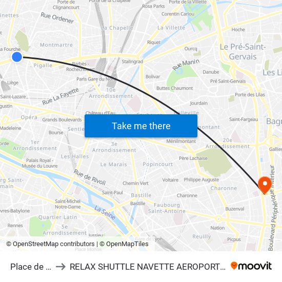 Place de Clichy to RELAX SHUTTLE NAVETTE AEROPORT TAXI TRANSFERT map