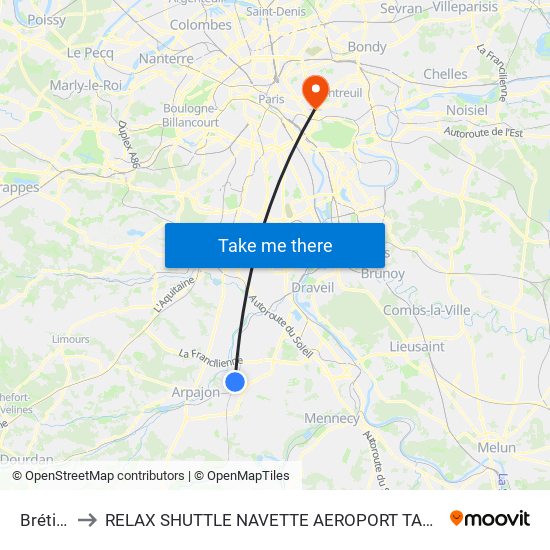 Brétigny to RELAX SHUTTLE NAVETTE AEROPORT TAXI TRANSFERT map