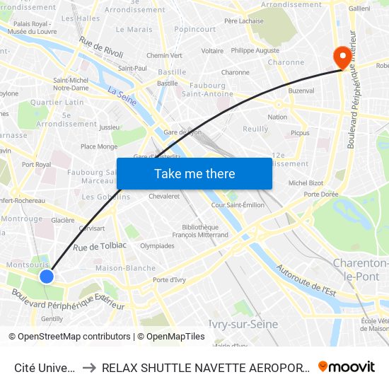 Cité Universitaire to RELAX SHUTTLE NAVETTE AEROPORT TAXI TRANSFERT map
