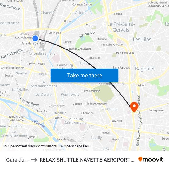Gare du Nord to RELAX SHUTTLE NAVETTE AEROPORT TAXI TRANSFERT map