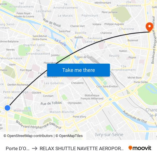 Porte D'Orléans to RELAX SHUTTLE NAVETTE AEROPORT TAXI TRANSFERT map