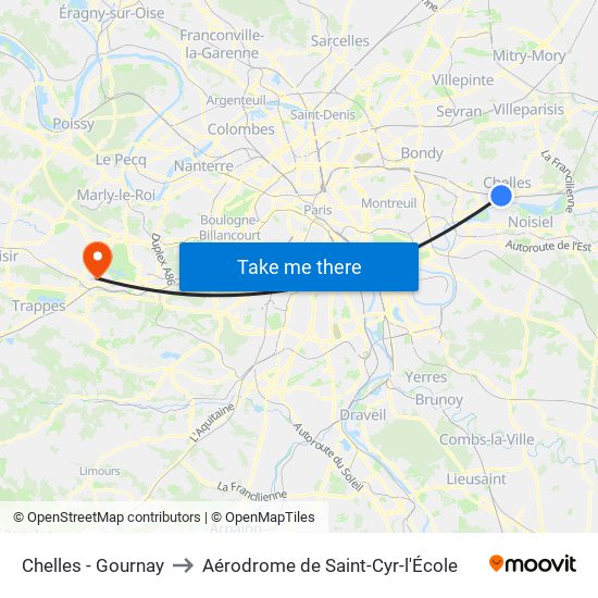 Chelles - Gournay to Aérodrome de Saint-Cyr-l'École map