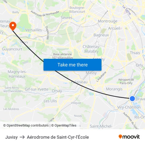Juvisy to Aérodrome de Saint-Cyr-l'École map