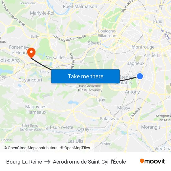 Bourg-La-Reine to Aérodrome de Saint-Cyr-l'École map