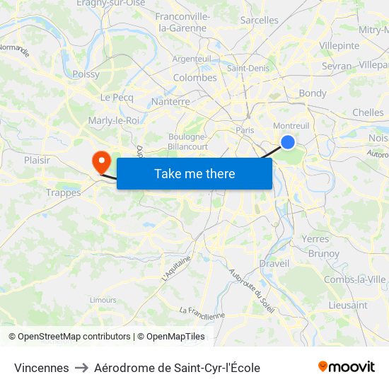 Vincennes to Aérodrome de Saint-Cyr-l'École map