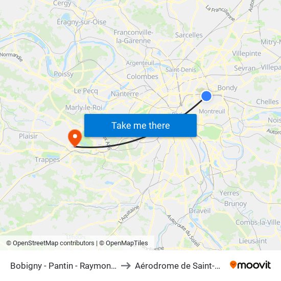 Bobigny - Pantin - Raymond Queneau to Aérodrome de Saint-Cyr-l'École map