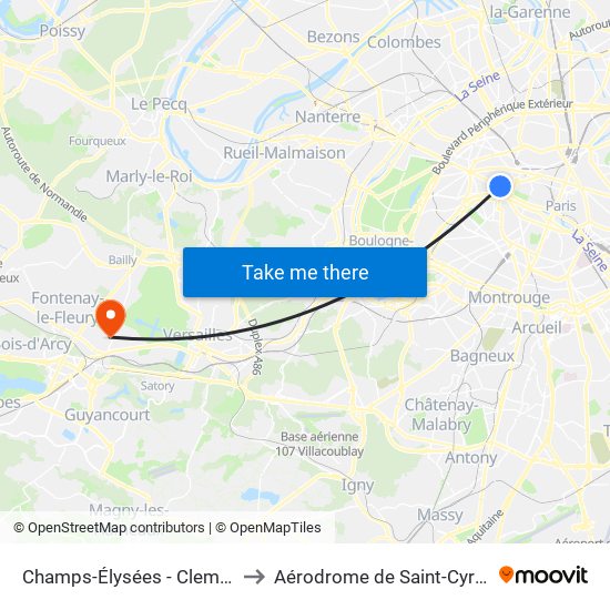 Champs-Élysées - Clemenceau to Aérodrome de Saint-Cyr-l'École map