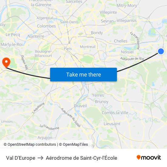 Val D'Europe to Aérodrome de Saint-Cyr-l'École map