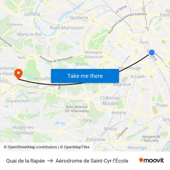 Quai de la Rapée to Aérodrome de Saint-Cyr-l'École map
