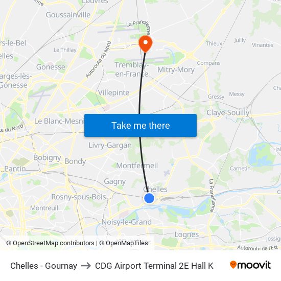 Chelles - Gournay to CDG Airport Terminal 2E Hall K map