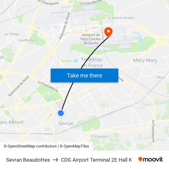 Sevran Beaudottes to CDG Airport Terminal 2E Hall K map