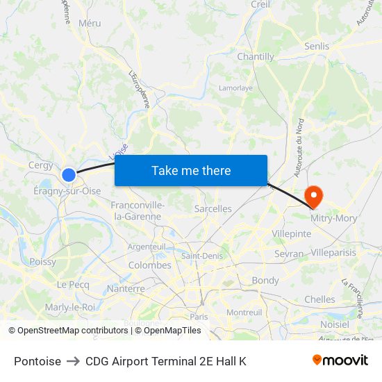 Pontoise to CDG Airport Terminal 2E Hall K map