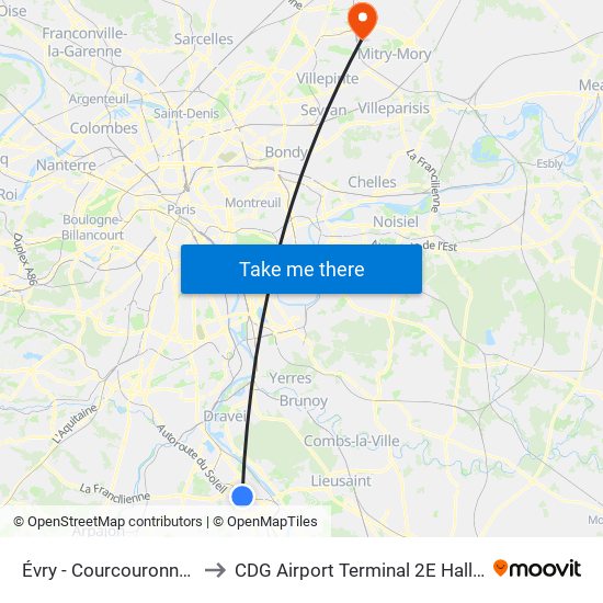 Évry - Courcouronnes to CDG Airport Terminal 2E Hall K map