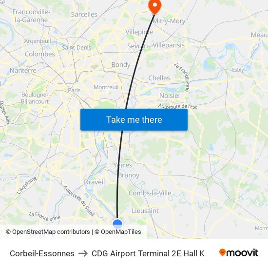 Corbeil-Essonnes to CDG Airport Terminal 2E Hall K map