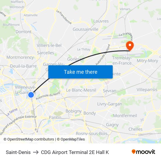 Saint-Denis to CDG Airport Terminal 2E Hall K map