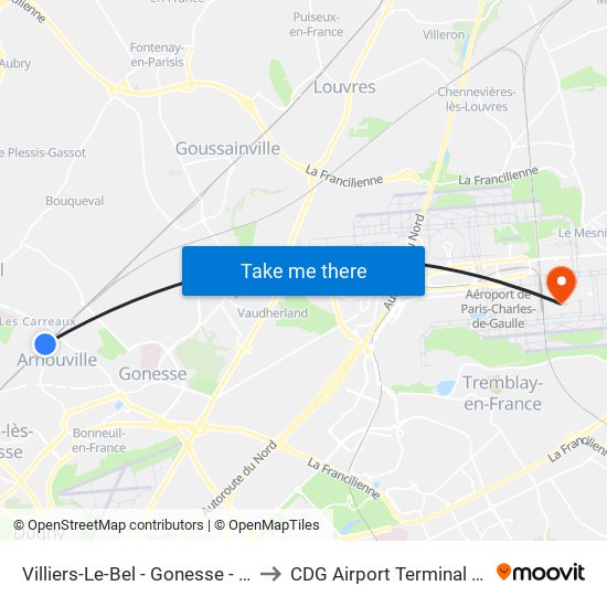 Villiers-Le-Bel - Gonesse - Arnouville to CDG Airport Terminal 2E Hall K map