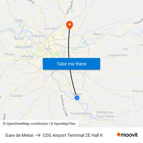 Gare de Melun to CDG Airport Terminal 2E Hall K map